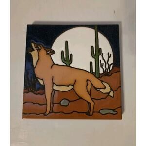 Vtg Earthtones Ceramic Tile Trivet Native American Serenading Cyote Terracotta